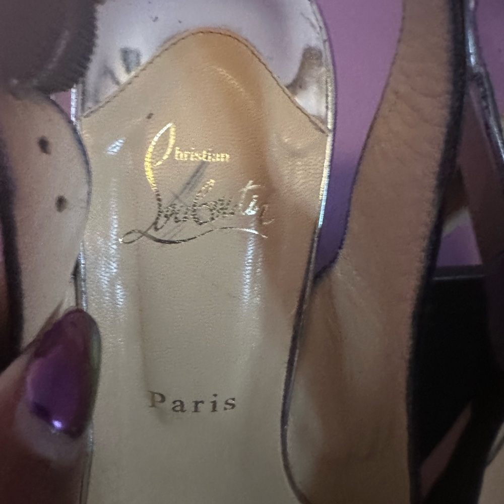 Christian Louboutin Black and Tan Peep Toe Slingback Heels - Picture 6 of 10